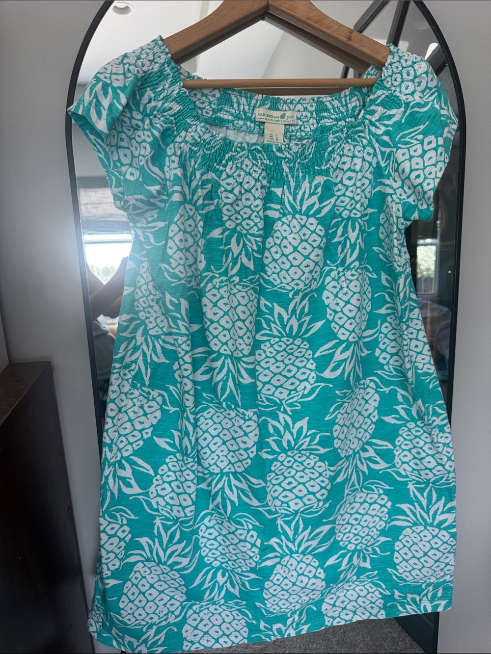 Caribbean Joe Teal and White Pineapple Off-Shoulder Woman’s Dress